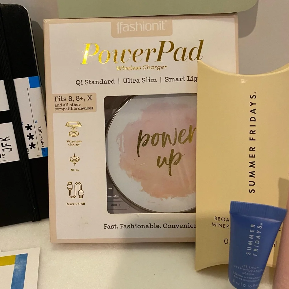 Travel/New York/Skin Care/Hair Samples/PowerPad/Everything in photo.